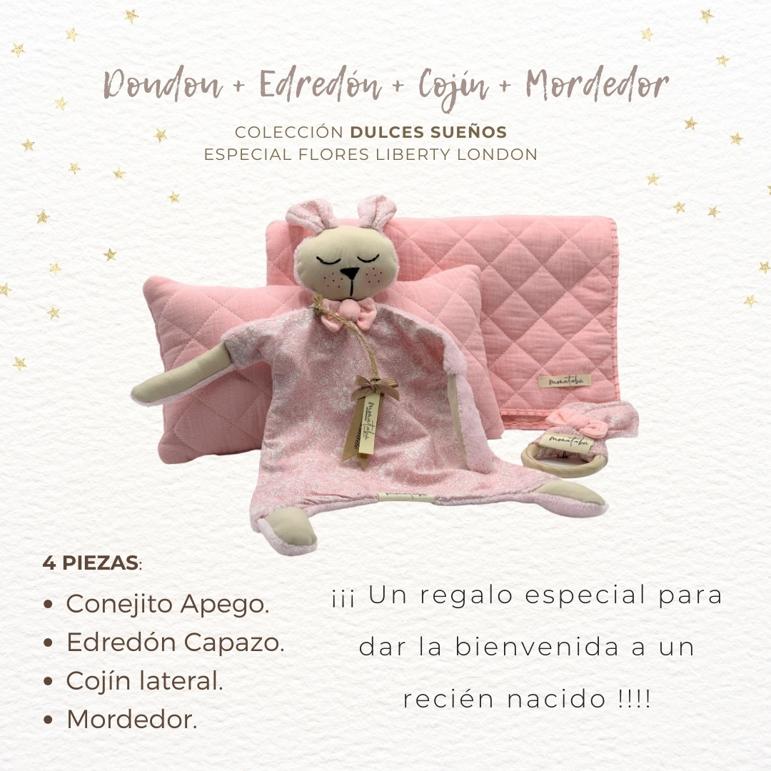 283 PACK EDREDON ROSA 2 Pack doudou Liberty rosa + Edredón y cojín + Mordedor - Imagen 2