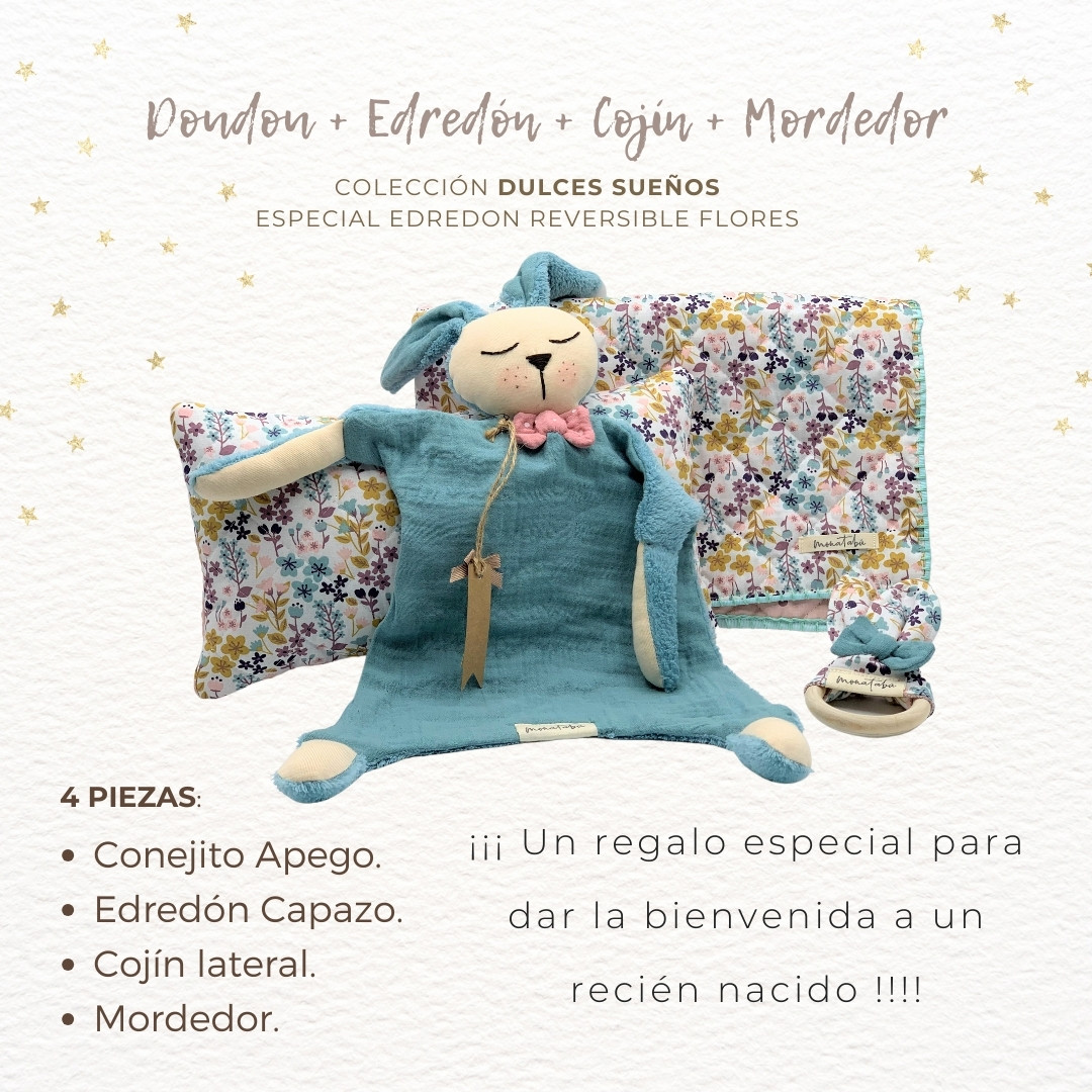 288 PACK EDREDON REVERSIBLE FLORES VERDOSO 2 Pack doudou verdoso + Edredón y cojín reversible + Mordedor - Imagen 2