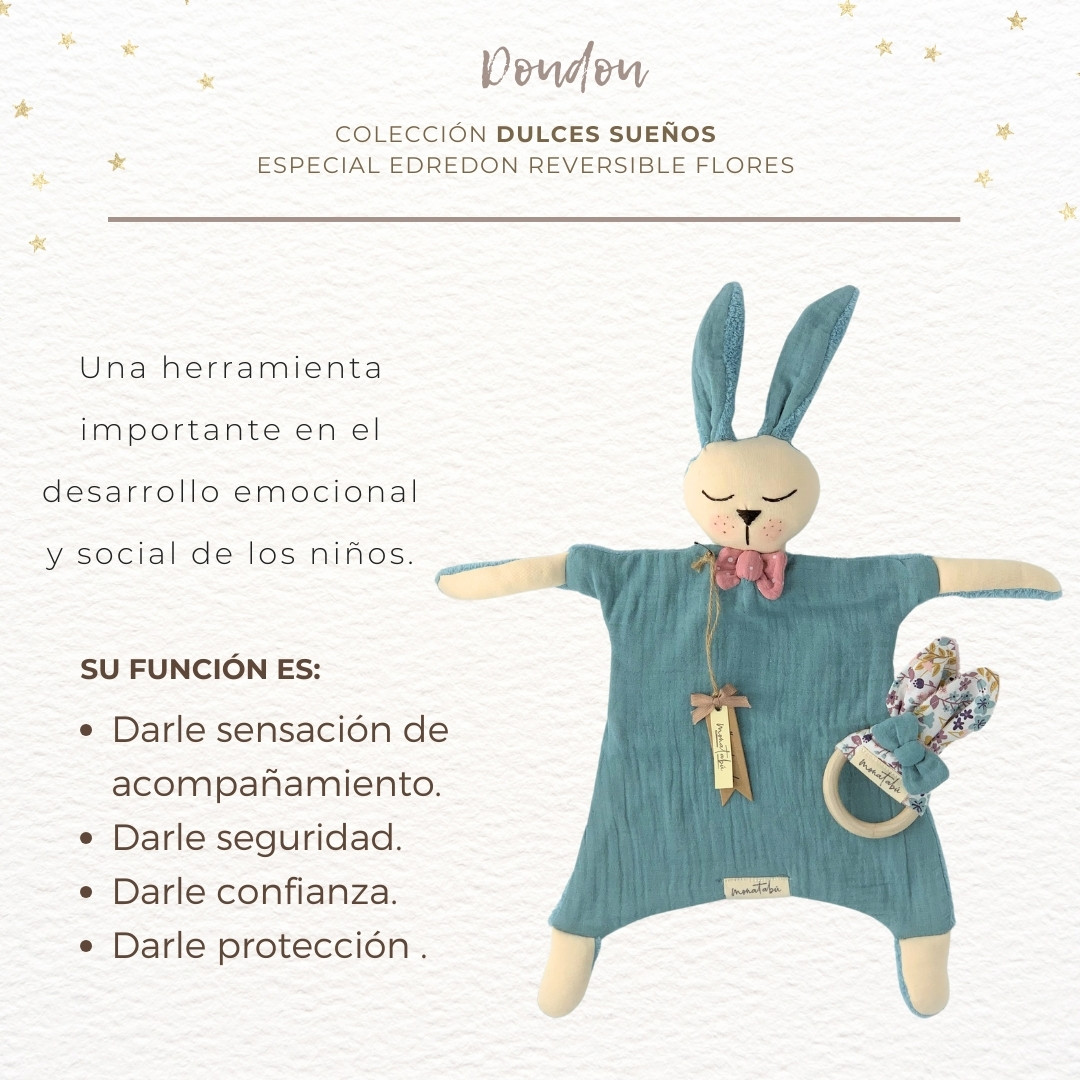 288 PACK EDREDON REVERSIBLE FLORES VERDOSO 3 Pack doudou verdoso + Edredón y cojín reversible + Mordedor - Imagen 3
