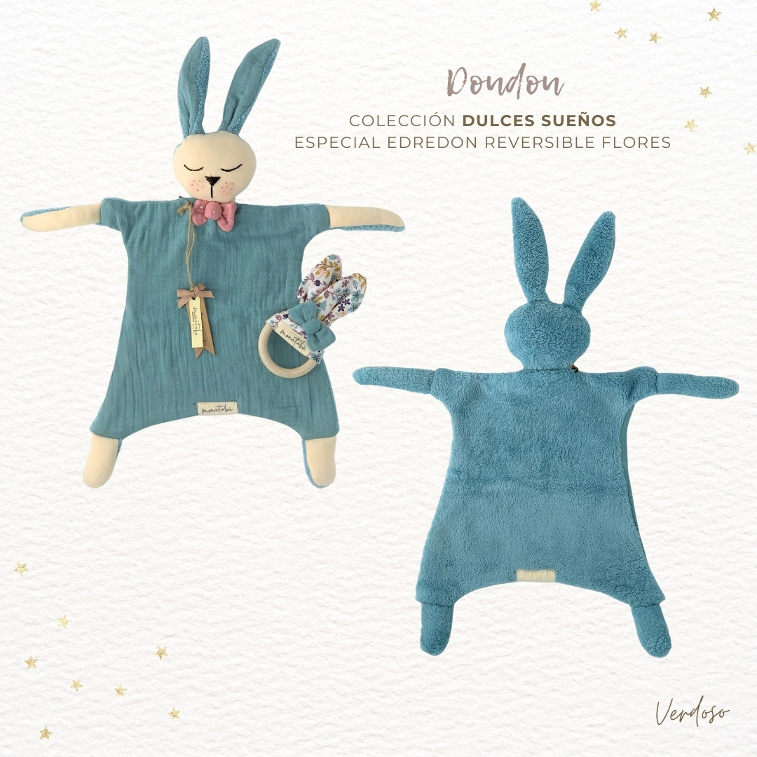 288 PACK EDREDON REVERSIBLE FLORES VERDOSO 4 Pack doudou verdoso + Edredón y cojín reversible + Mordedor - Imagen 4