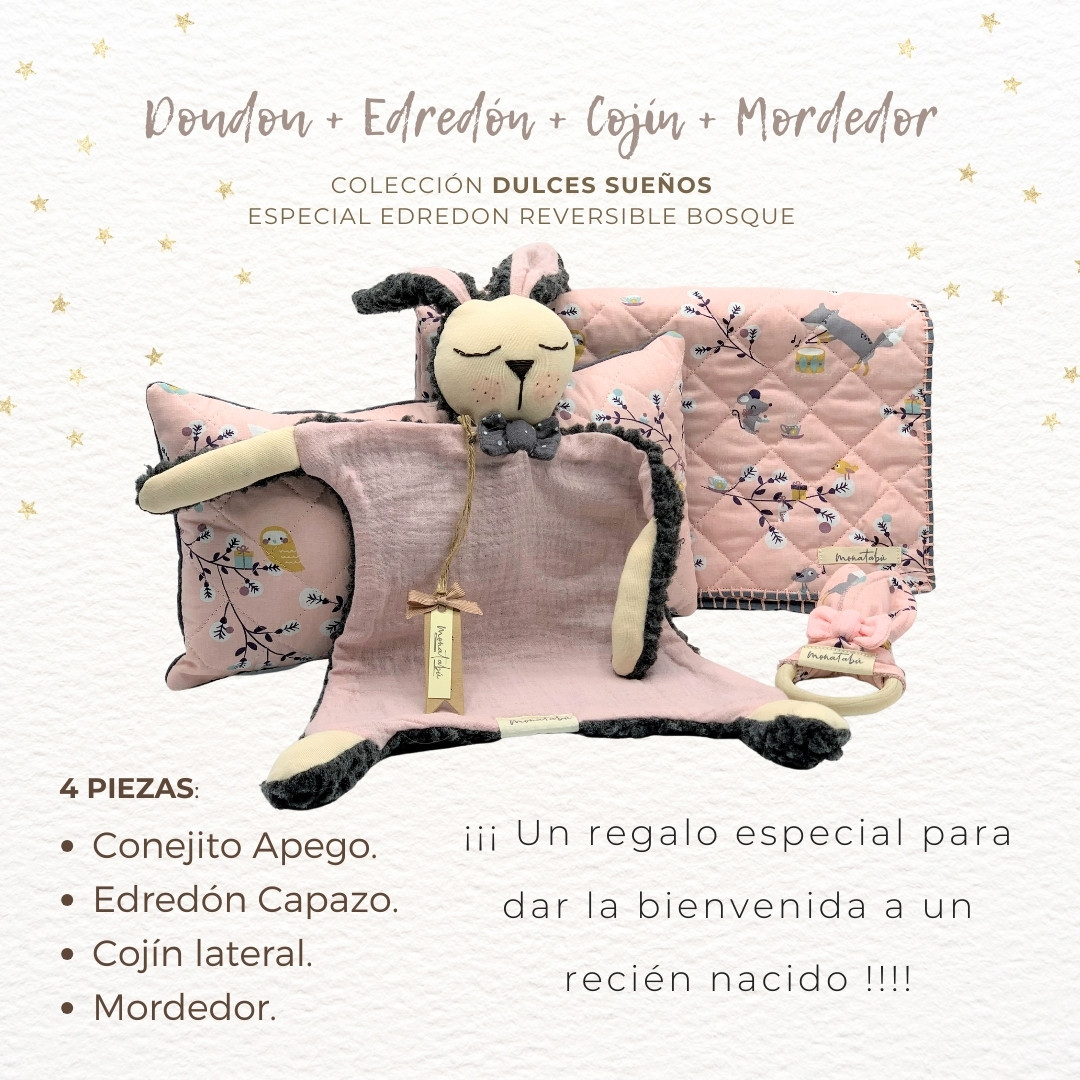 289 PACK EDREDON REVERSIBLE BOSQUE ROSA 2 Pack doudou rosa + Edredón y cojín reversible + Mordedor - Imagen 2