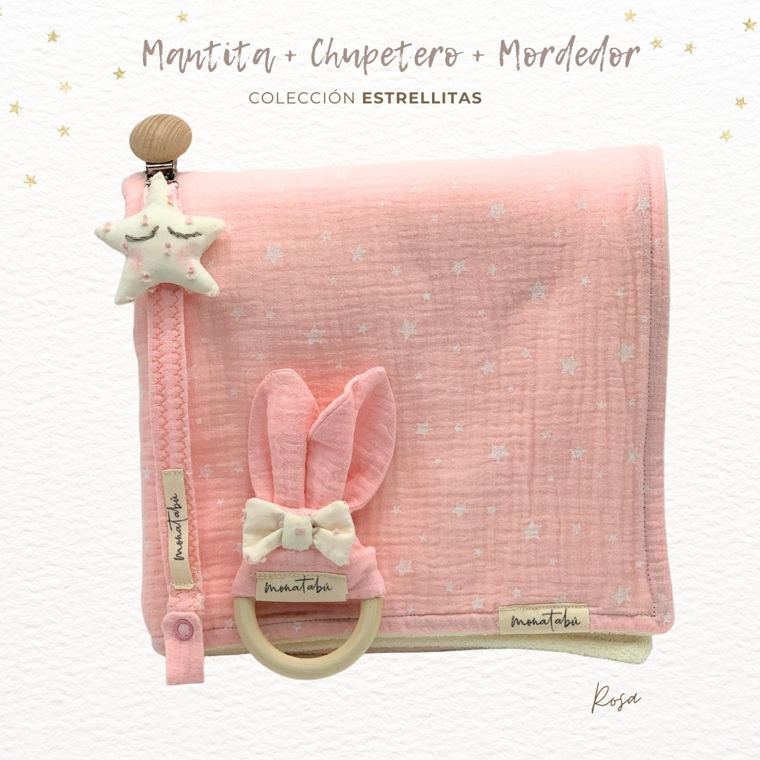 517 PACK CONEJITO 4 PIEZAS ESTRELLAS ROSA 3 Pack conejito rosa + Mantita + Mordedor + Chupetero - Imagen 4
