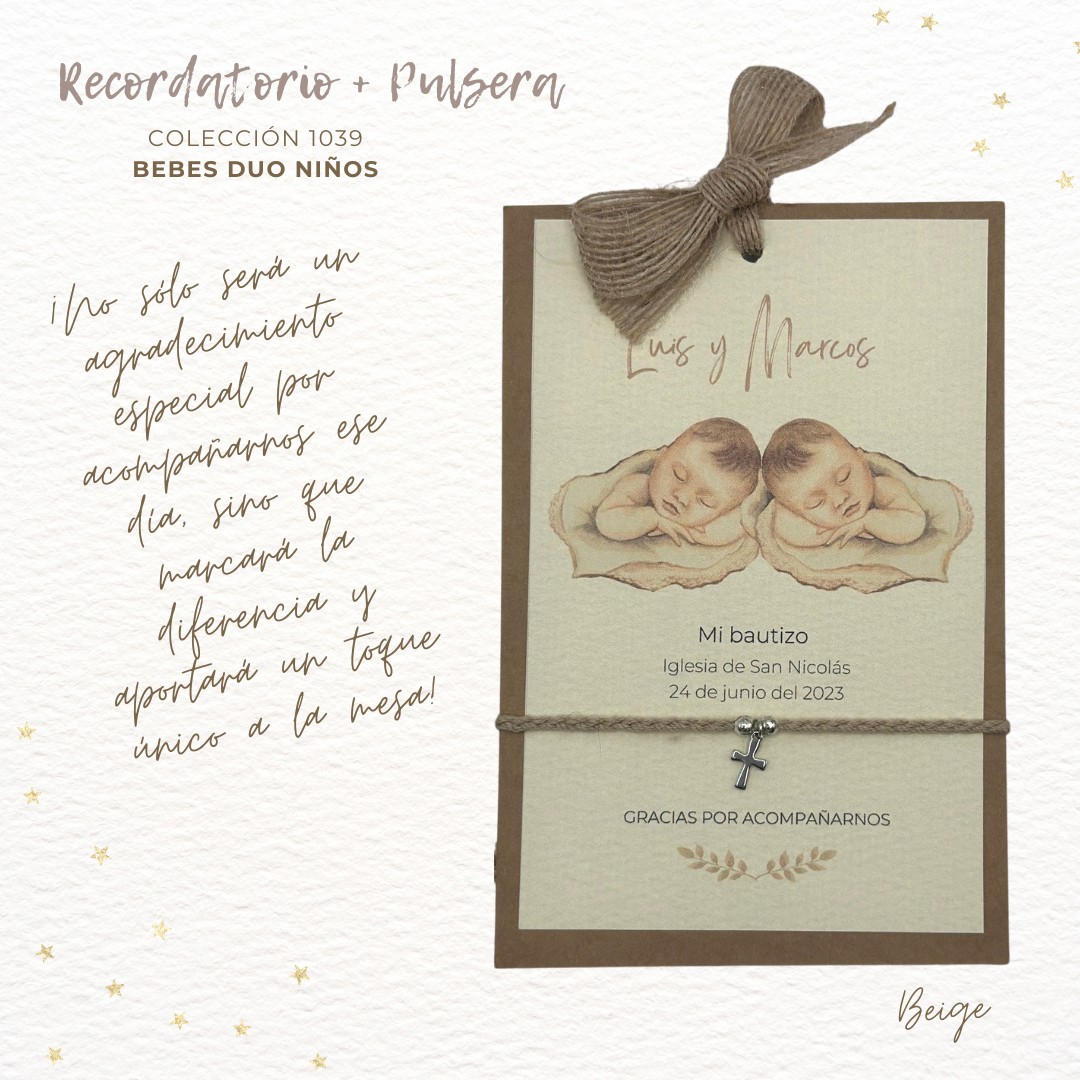 1039 RECORDATORIO BAUTIZO DUO BEBES NIÑOS BEIGE 1 Recordatorio duo bautizo niños + Pulsera - Imagen 5