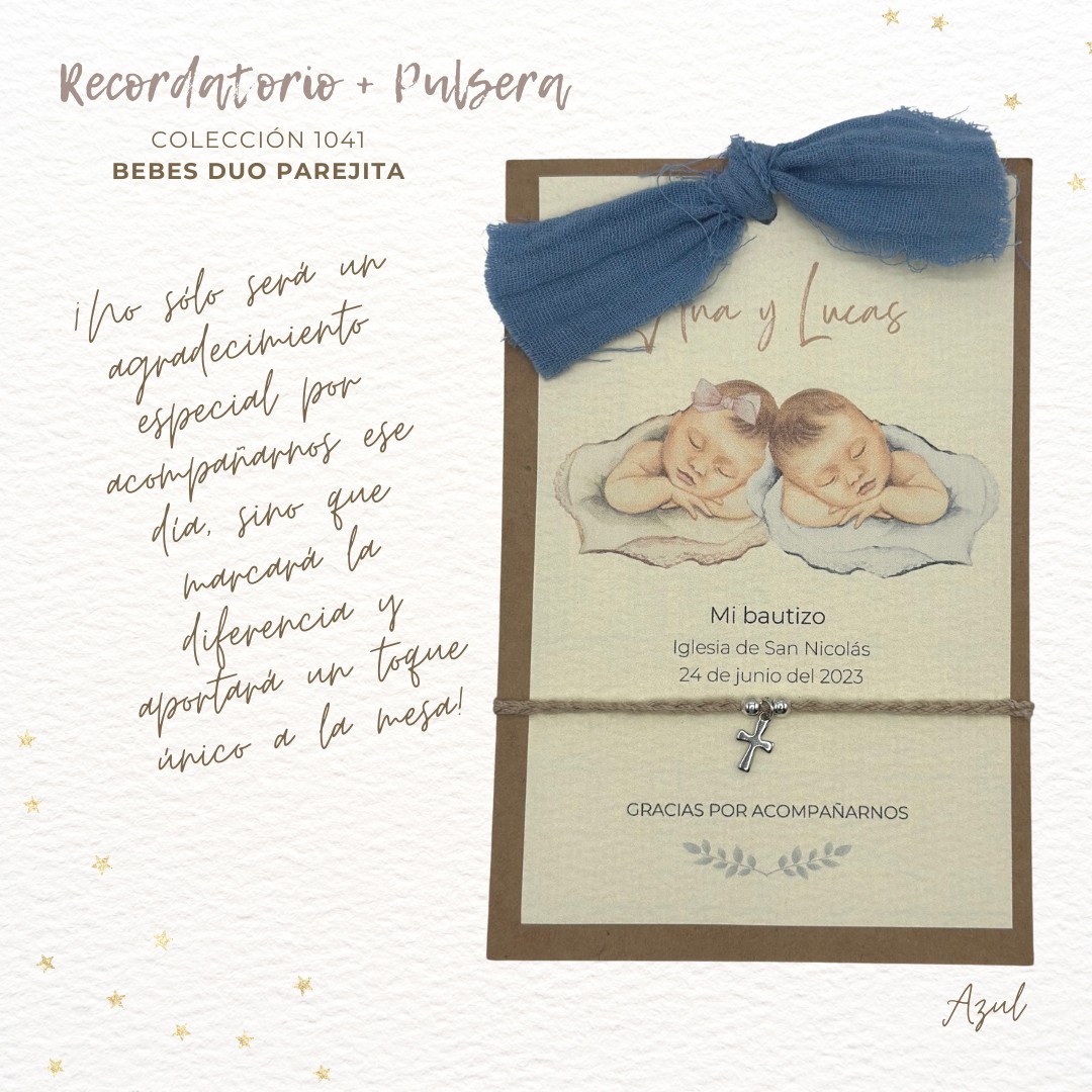 1041 RECORDATORIO BAUTIZO DUO BEBES PAREJITA AZUL 1 Recordatorio duo bautizo parejita + Pulsera - Imagen 3