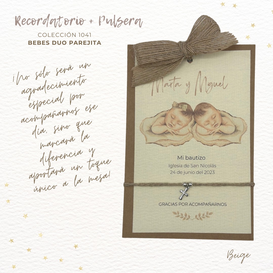 1041 RECORDATORIO BAUTIZO DUO BEBES PAREJITA BEIGE 1 Recordatorio duo bautizo parejita + Pulsera - Imagen 5