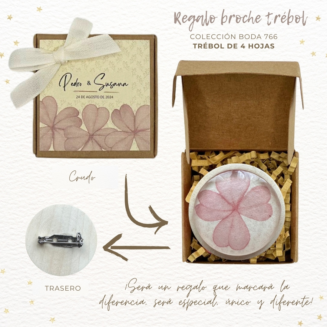 766 REGALO BODA BROCHE TRÉBOL CRUDO 4 Caja broche trébol de 4 hojas boda