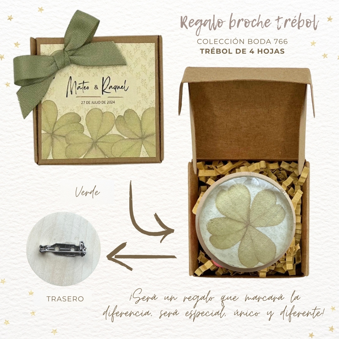 766 REGALO BODA BROCHE TRÉBOL VERDE 4 Caja broche trébol de 4 hojas boda - Imagen 3