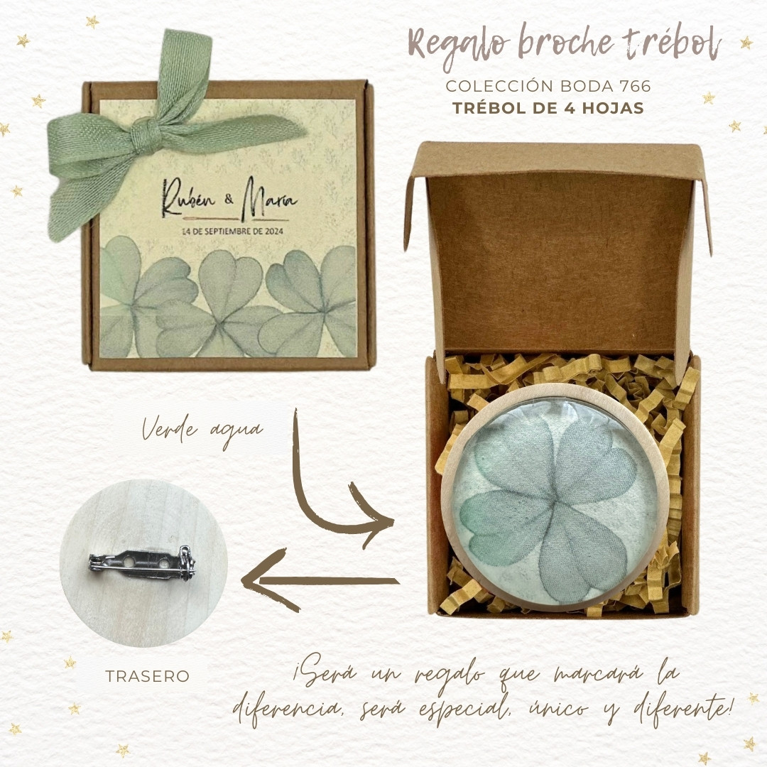 766 REGALO BODA BROCHE TRÉBOL VERDE AGUA 4 Caja broche trébol de 4 hojas boda - Imagen 2