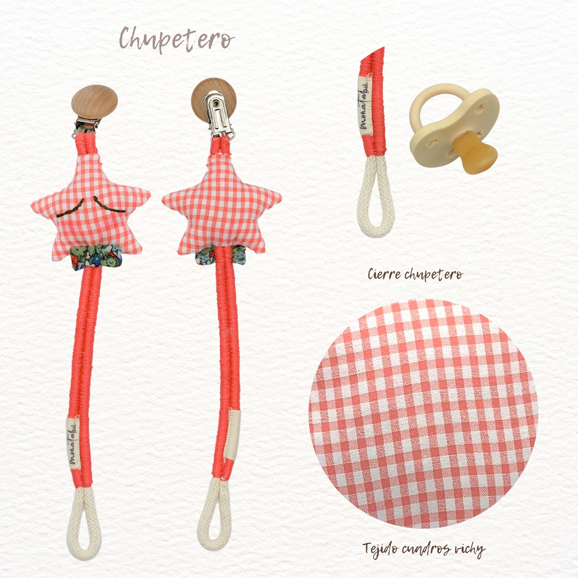 CHUPETERO HILO CORAL VICHY 2 Chupetero estrella vichy coral - Imagen 2