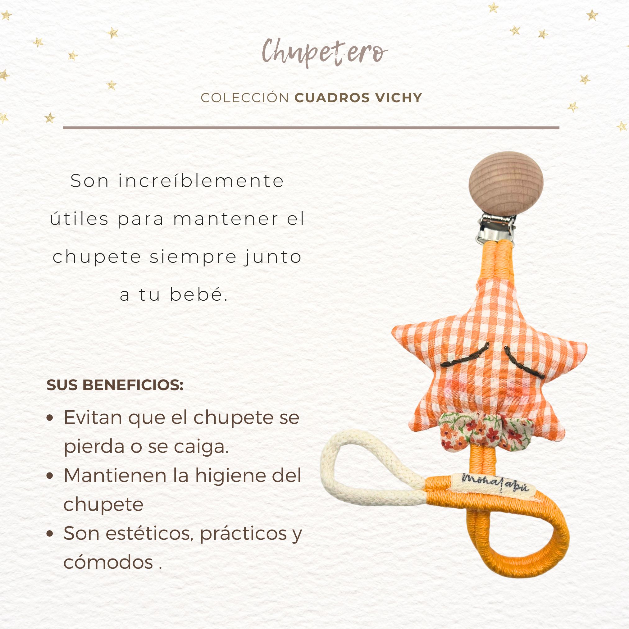 CHUPETERO HILO NARANJA VICHY 1 Chupetero estrella vichy naranja