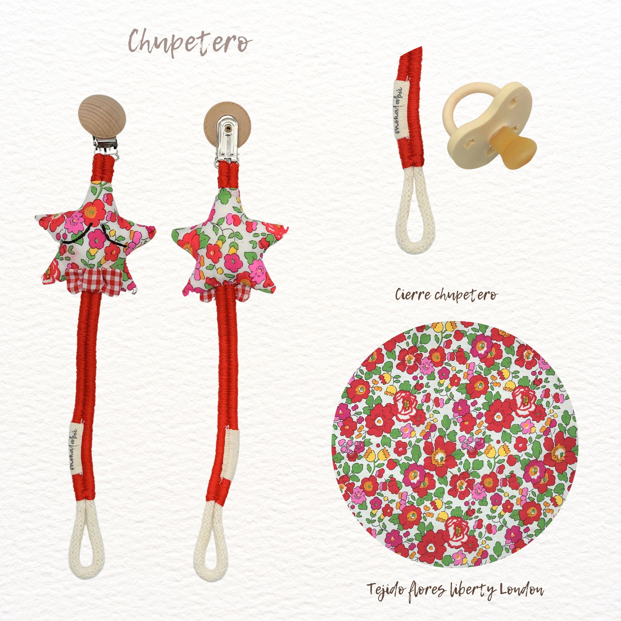 CHUPETERO HILO ROJO ESTRELLA LIBERTY 2 Chupetero rojo estrella flores Liberty - Imagen 2