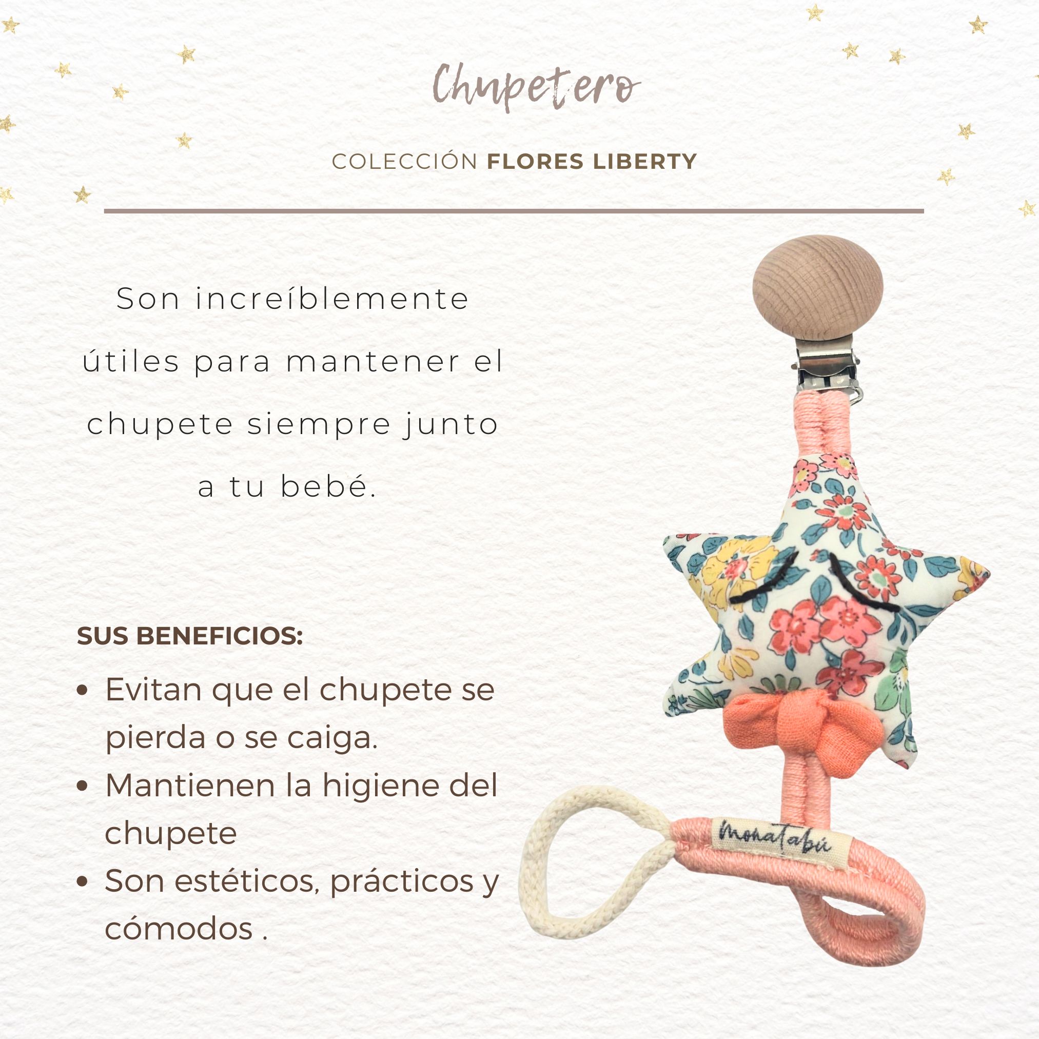 CHUPETERO HILO SALMON ESTRELLA LIBERTY 1 Chupetero salmón claro estrella flores Liberty