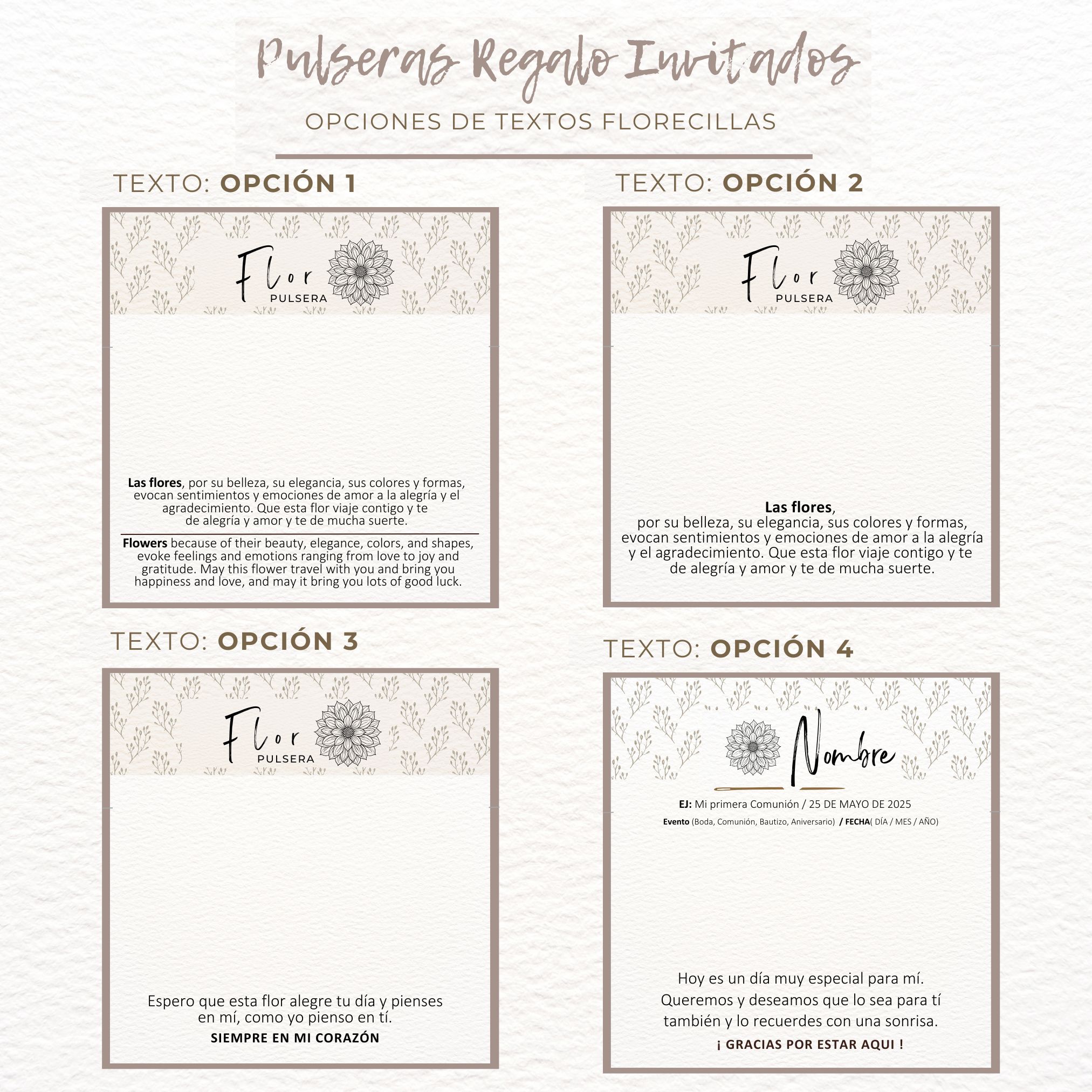 GRUPAL PULSERAS REGALO TEXTOS FLORECILLAS Pulsera regalo invitados flores - Imagen 2