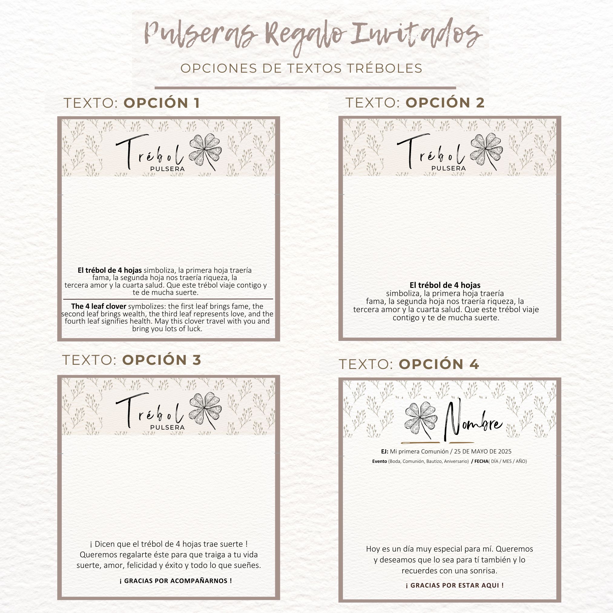 GRUPAL PULSERAS REGALO TEXTOS TREBOLES Pulsera regalo invitados trébol - Imagen 2