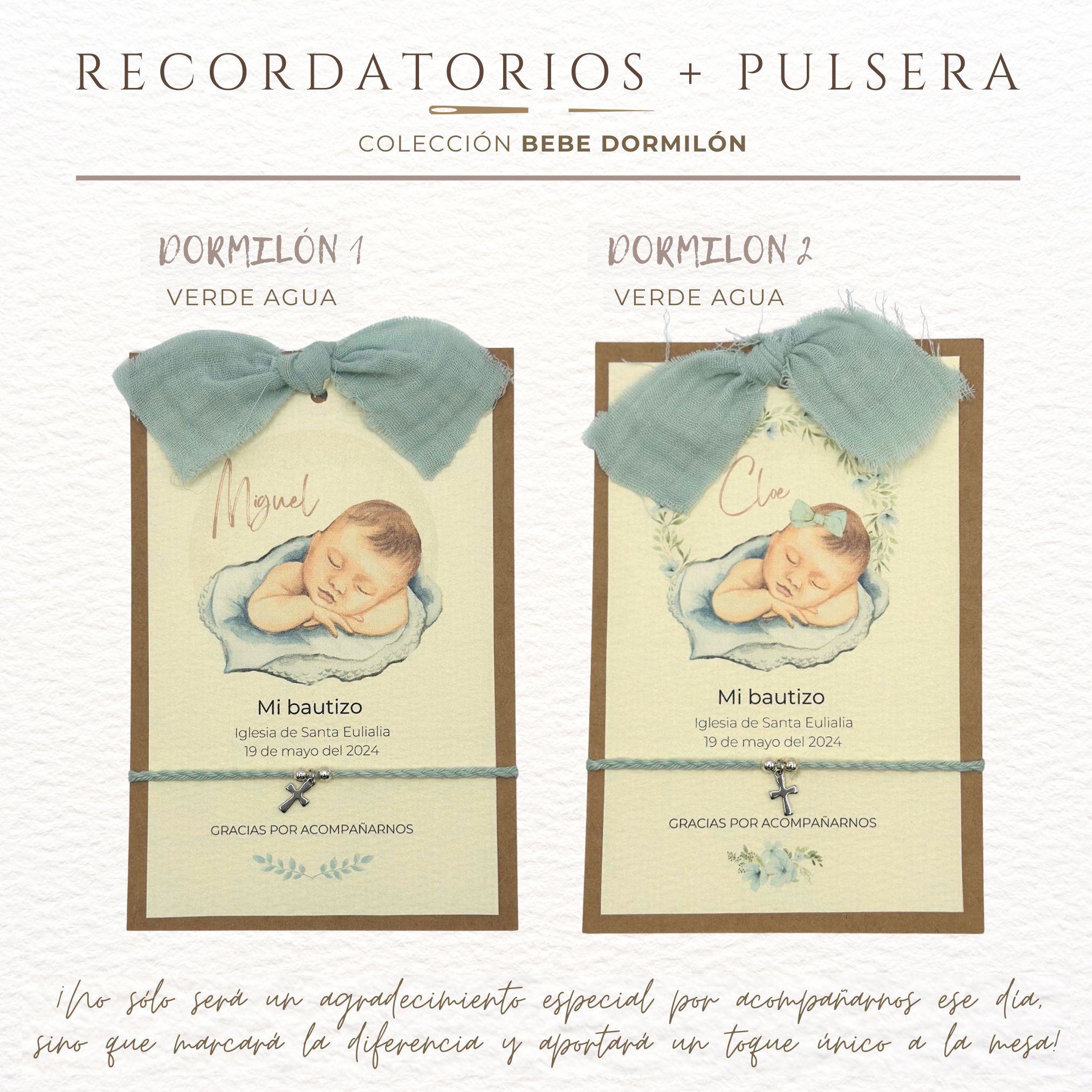 GRUPAL RECORDATORIO BAUTIZO BEBE DORMILON VERDE AGUA 1 Recordatorio bautizo bebe dormilón + Pulsera verde agua
