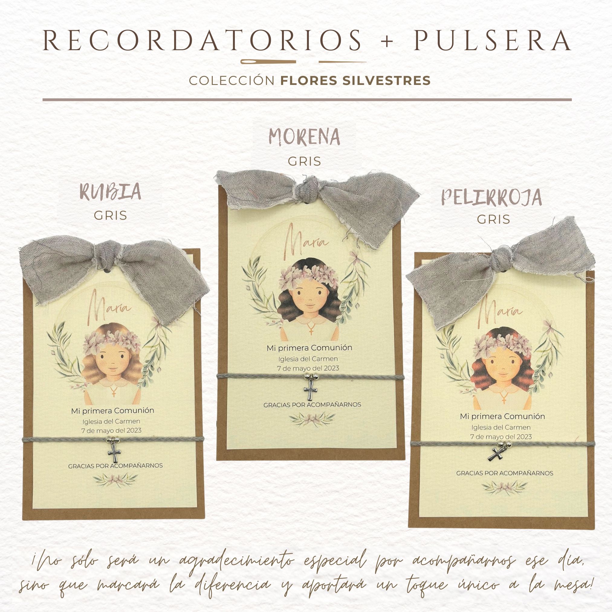 GRUPAL RECORDATORIO COMUNION FLORES SILVESTRES GRIS 1 Recordatorio niña flores silvestres + Pulsera gris