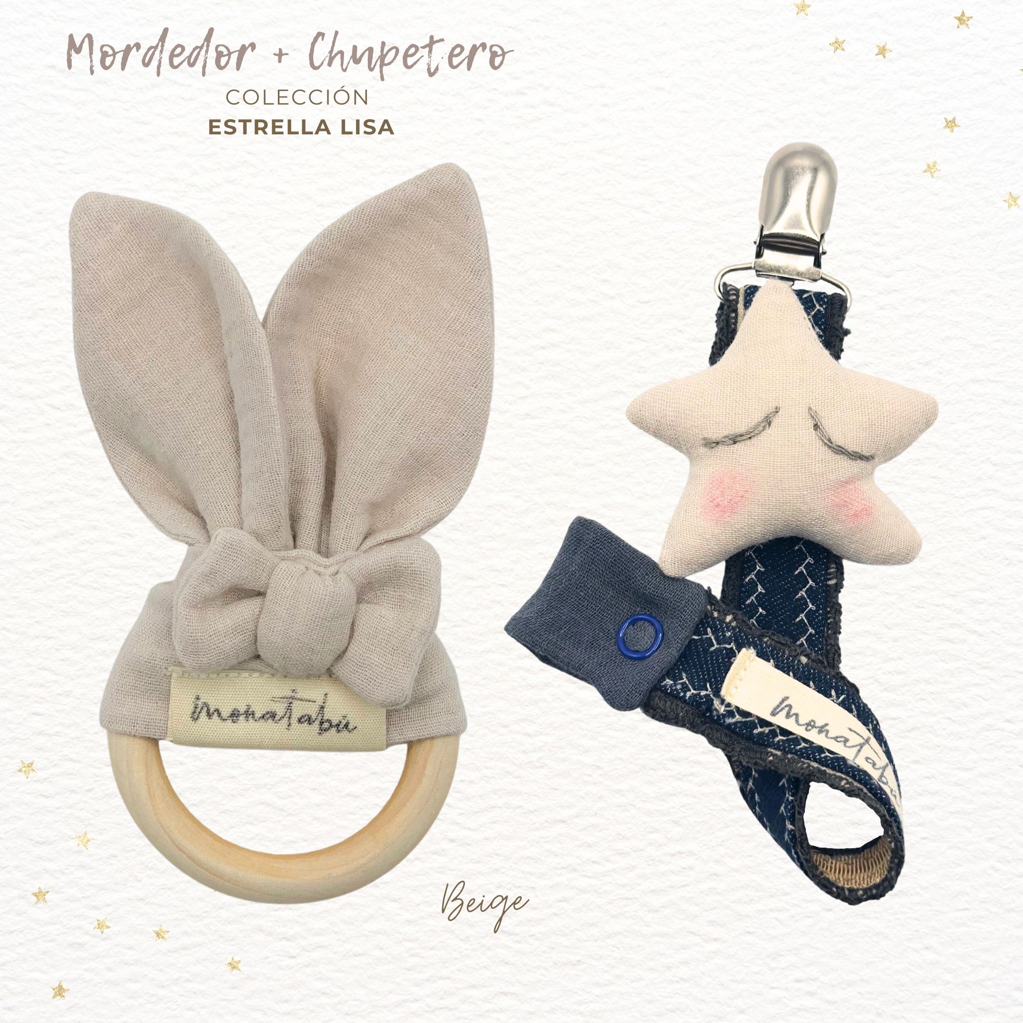PACK MORDEDOR + CHUPETERO ESTRELLA LISA BEIGE 1 Pack mordedor + Chupetero ancho denim y estrellita beige