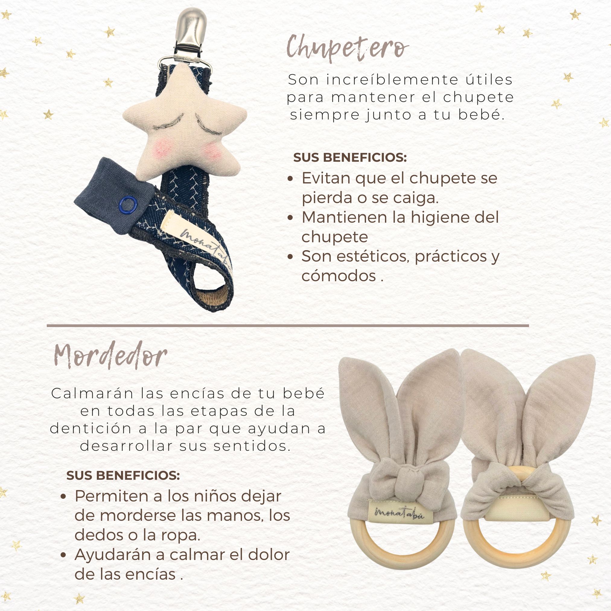 PACK MORDEDOR + CHUPETERO ESTRELLA LISA BEIGE 2 Pack mordedor + Chupetero ancho denim y estrellita beige - Imagen 2